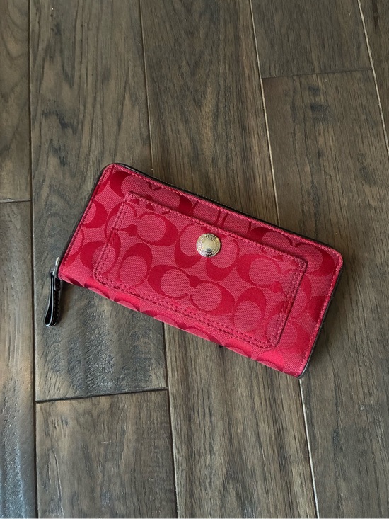 Coach Handbags - Coach Signature Jacquard Red Zip Around Wallet Leather Trim